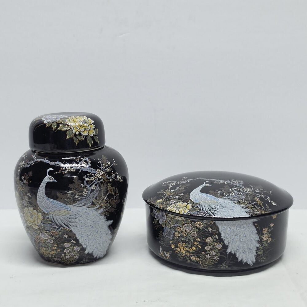 Vintage Porcelain Shibata Black Ginger Jar And Trinket Box White Peacock Japan